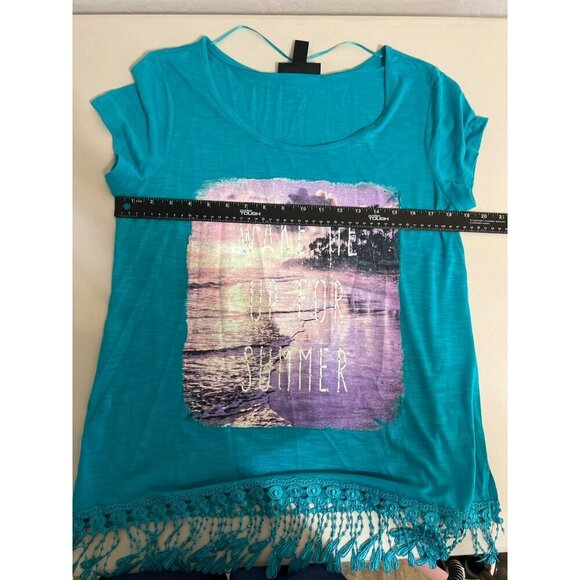 Style & Co Turquoise Sz M Fringe Detail Cover Up T Shirt Wake Me Up For Summer - Picture 8 of 8